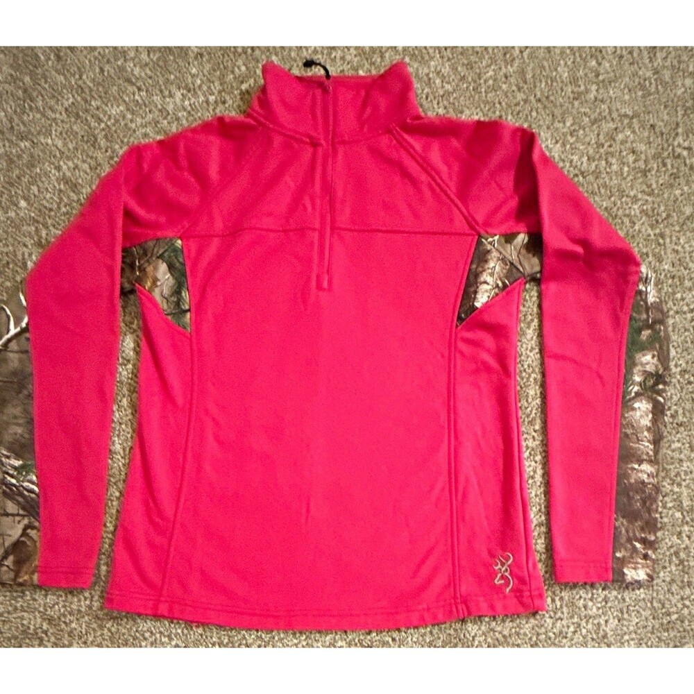 Browning Women's L 1/4 Zip Mock Neck Long Sleeve Athletic Pullover Pink Camo